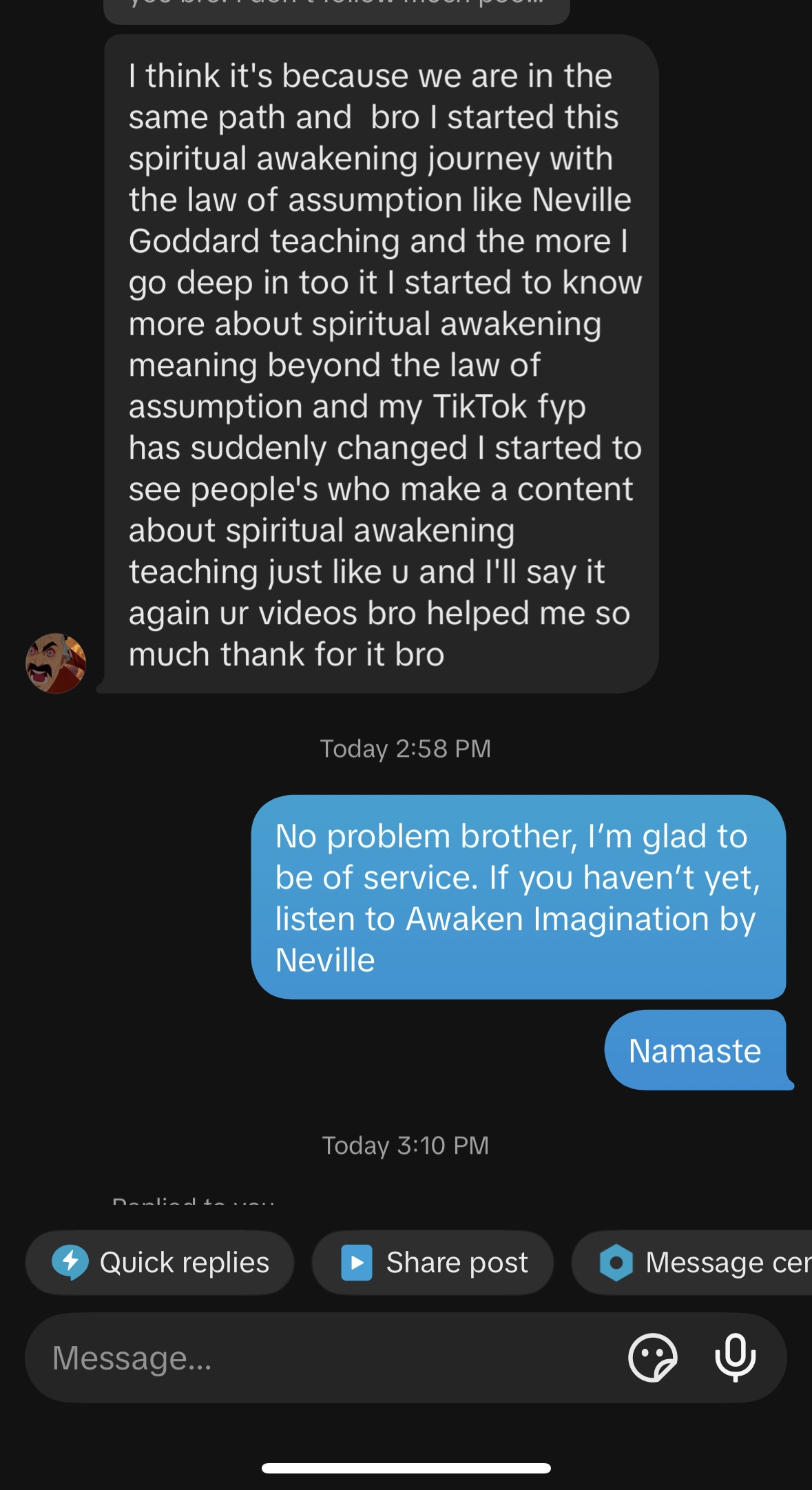 Client message about spiritual growth through NB-33 content