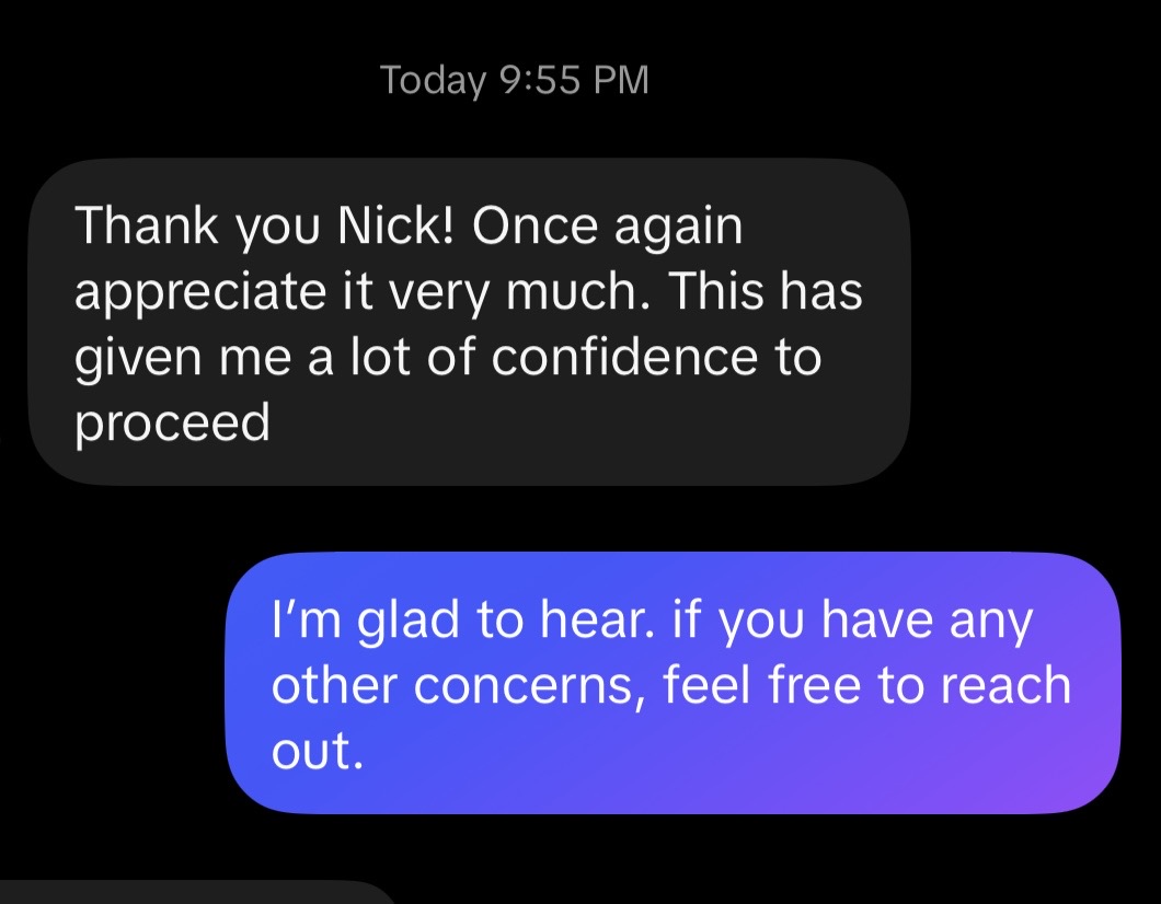 Client testimonial thanking Nicholas
